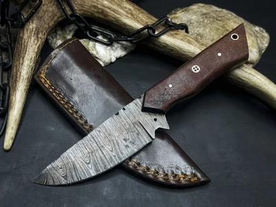 Cuchillo táctico de caza 10084 hecho a mano de acero Damasco para acampar con funda de cuero Foto 1 de 4