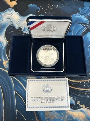 2005-P Proof Silver Dollar Marine Corps 230th Anniversary Coin U.S. Mint OGP+COA - Image 1 of 3
