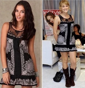 Free People Mini Abito Pavone Tg 10 Lino Pizzo Ricamato Boho ASO Morgan Brit - Foto 1 di 7