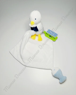 Doudou Plat/Mouchoir Mouette/Oiseau Blanc Bleu Marine Jaune Poisson Jacadi Paris - Photo 1/4
