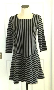 Gudrun Sjoden Organic Cotton Black Gray Asym Stripe Square Neck Dress S/M Pocket - Picture 1 of 9