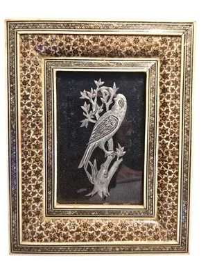 Persian Khatam Inlay Art by Mohammadi – Handmade Signed Metal Bird Frame - Image 1 of 4