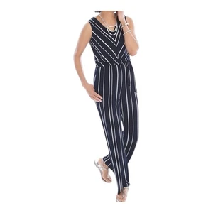 NWT Chico’s Knit Kit Vertical Stripe Ink Blue White Pants Jumpsuit - Sz 1 8/10 - Picture 1 of 12