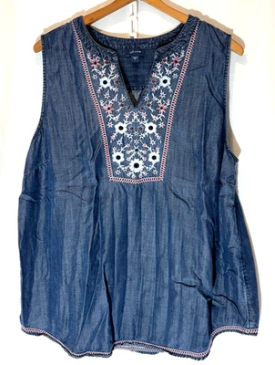 Camiseta sin mangas Jill Denim para mujer azul bordada sin mangas boho floral XL Foto 1 de 2