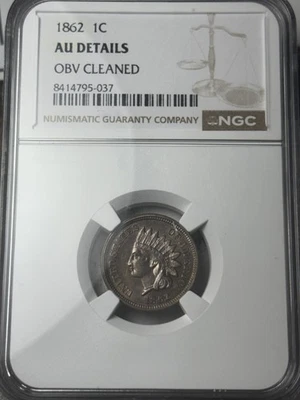 1862 1c Indian Head Cent NGC AU Details, Obverse Cleaned - Image 1 of 3