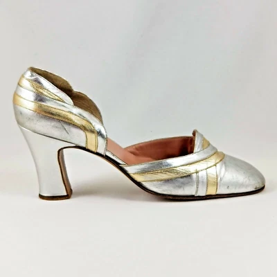 Zapatos de salón Rosina Ferragamo Schiavone 8 plateados dorados estilo decorativo tacón bloque de colección d'Orsay Foto 1 de 4