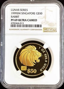 1999 GOLD SINGAPORE 500 MINTED LUNAR YEAR OF RABBIT 1 OZ $50 LION NGC PF 69 UC - Picture 1 of 2