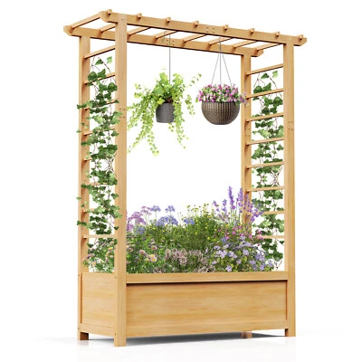 Cama de jardim elevada com treliça e telhado suspenso cama de jardim de madeira plantador externo - Imagem 1 de 4