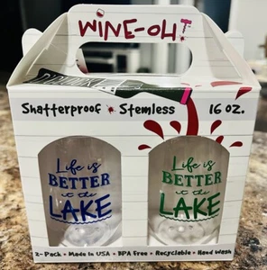 WINE-OH Bicchieri da vino infrangibili senza stelo Lake Life set 2 nuovi con scatola 16 oz novità - Foto 1 di 8