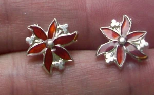 ENAMEL ON STERLING SILVER Stud Earrings-14kt. GOLD POST- FLOWER-BRICK RED COLOR - Picture 1 of 4