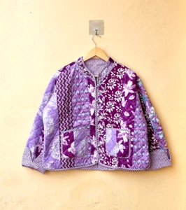 Giacca trapuntata cotone fatta a mano patchwork stile kimono Kantha donna cappotto boho - Foto 1 di 9