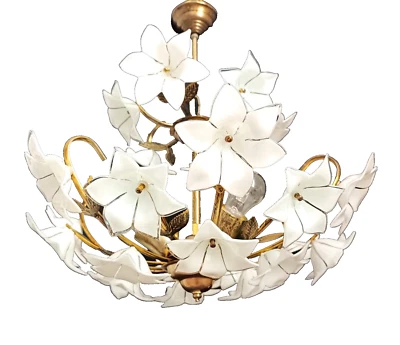 Vintage Chandelier Murano White  Milk Glass Basket Ceiling Light Fixture Wedding - Image 1 of 4
