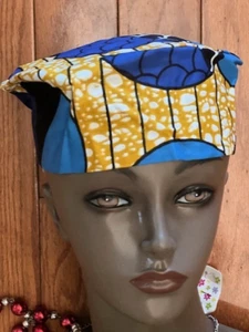 Blue & Yellow Cotton Kufi Hat Designs w/elastic back. 18 -20" Circumference. - Picture 1 of 1