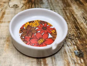 Vintage MCM 3" Personal Porcelain Ashtray Red Orange Painted Flowers 70s Retro - Picture 1 of 6