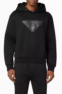 LAST ONE! AUTHENTIC Prada Men Logo Leather Patch Hoodie in Black, Size XL - Picture 1 of 18