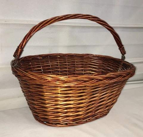 Oval Wicker Brown Glossy Finish Basket & Handle 14.5" x 10.5" x 5" VGC! Cover