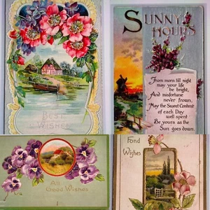 Lot 4 Beste Wünsche antike Postkarten Wildrosen Windmühle Landhaus Stiefmütterchen DB um 1910 - Bild 1 von 13