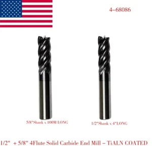 2PCS 5/8" + 1/2" Shank 4" Long 4Flute Solid Carbide End Mill - Tialn Coated - Picture 1 of 6