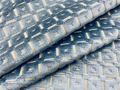 Brunschwig & Fils Geometric Square Cut Velvet Fabric SAVANNE VELVET BLUE 1.90 yd - Image 1 of 4