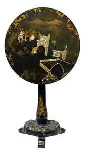 19th Century Ebonized Tilt-Top Table Inlaid with Islamic Landscape - Picture 1 of 14