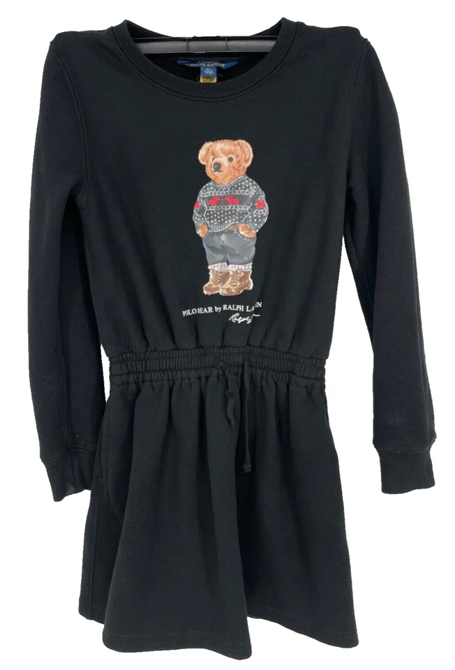 Polo Ralph Lauren girls size 6X Sweater Dress Bear Black pullover logo pockets - Image 1 of 4