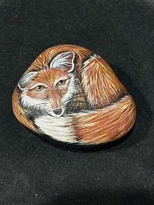 2001 Hand Painted Red Fox on Round River Rock Stone Signed Stoned Sweeties 3.5” - Picture 1 of 5