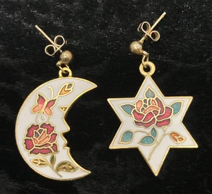Halbmond Mond & Stern Cloisonné Ohrstecker Vintage 80er Jahre goldfarben - Bild 1 von 10