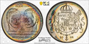 MS67 1976-U Schweden König Carl Hochzeit Silber 50 Kronor, PCGS- VIVID Rainbow Toned - Bild 1 von 3