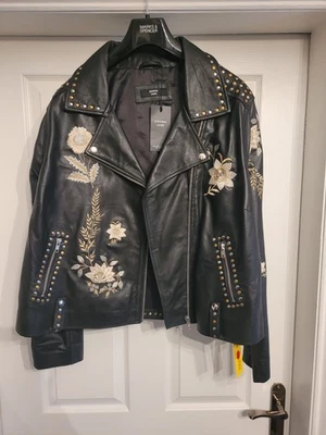 Stunning black leather biker jacket with studs and embroidery size 20 NWT - Image 1 of 4