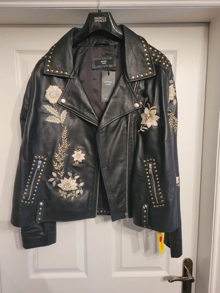Stunning black leather biker jacket with studs and embroidery size 20 NWT - Image 1 of 4