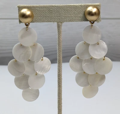 Mother of Pearl Disc Chandelier Dangle Drop Gold Tone Pierced Earrings 3 1/8" - Image 1 of 4