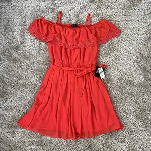 By & By Women Short Dress Size XL Solid Sheer Papaya Off Shoulders Belted NEW - Picture 1 of 10