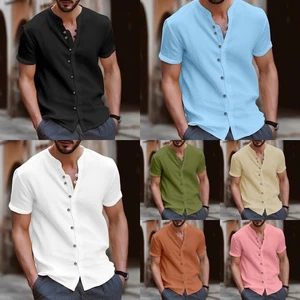 Men's Hawaiian Shirt Casual Linen Shirts Short Sleeve Button Down Tops Blouse - Picture 1 of 16