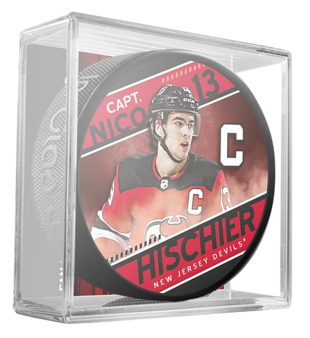 NHL Captain Series Nico Hischier New Jersey Devils Souvenir Hockey Puck w/Cube Cover