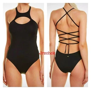 NWT Vitamin A Cutout Lace Up Back One Piece Swimsuit Black SZ L 10 $148 Swimwear - Picture 1 of 3