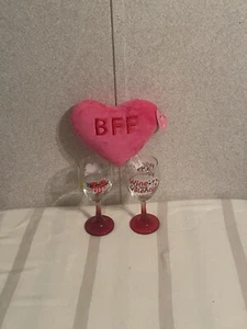 2 Valentines Day Wine Glasses Stem Glasses "Wine Is My Valentine" Red Stems 7" - Picture 1 of 2