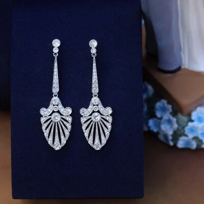Pendientes Clavo Plateados Art Deco Abanico Engastados Con CZ Blanco 1920s SB1 - Imagen 1 de 4