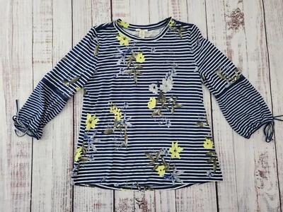Westbound Navy Striped Floral Print 3/4 Sleeve Pullover Blouse Women's M - Image 1 of 4