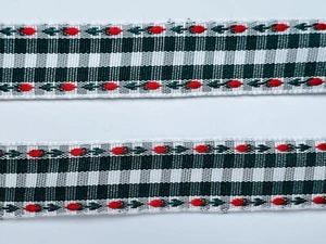 3m Vintage Austrian Ribbon 12mm Gingham Tiny Woven Tulip Flower Red Green White - Picture 1 of 10