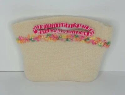 Bolso de mano de lana hervida de fieltro rosa blanco hecho a mano pequeño  Foto 1 de 4