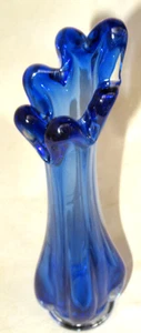 Vintage Cobalt Blue & Clear 6 Finger Swung Hand blown Art Glass Vase MCM 23CmT - Picture 1 of 24