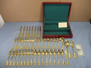 Vtg FB Rogers Golden FRENCH ROSE 44 Pc Gold Plated Flatware Set - Serves for 8 - Picture 1 of 21