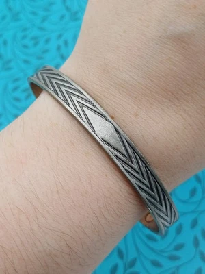 Mens Modern Striking Silver Tone Solid Copper Etched Detailed Cuff Bracelet - Image 1 of 4