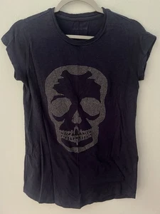 Zadig & Voltaire Damen S Navy Shirt Baumwolle Modal Mischung Totenkopf Top Small - Bild 1 von 4