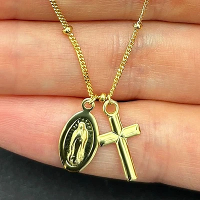 14K Yellow Gold Lady Guadalupe Cross Choker Necklace 14"-16" Adjustable - Image 1 of 4