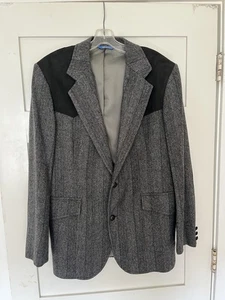 Vintage Pendleton Virgin Wool Blazer Men's 40 Long Gray Black Suede Western Coat - Picture 1 of 13