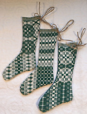 Vintage 50-60's Green & White Cotton Overshot Christmas Stocking Ornament