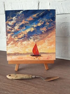 Segelboot Original Ölgemälde Meereslandschaft Kunst Impasto Gemälde 8 mal 8 Strandkunst. - Bild 1 von 7