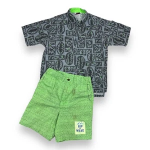 Vintage 90s Gray Green Neon Surf Skate Cool USA T-shirt Boys S 8/10 Shorts Set - Picture 1 of 11