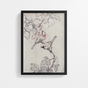 Vintage Japanese Wildlife Poster Print – Two Birds Perched on Grapevines - Repro - Picture 1 of 13